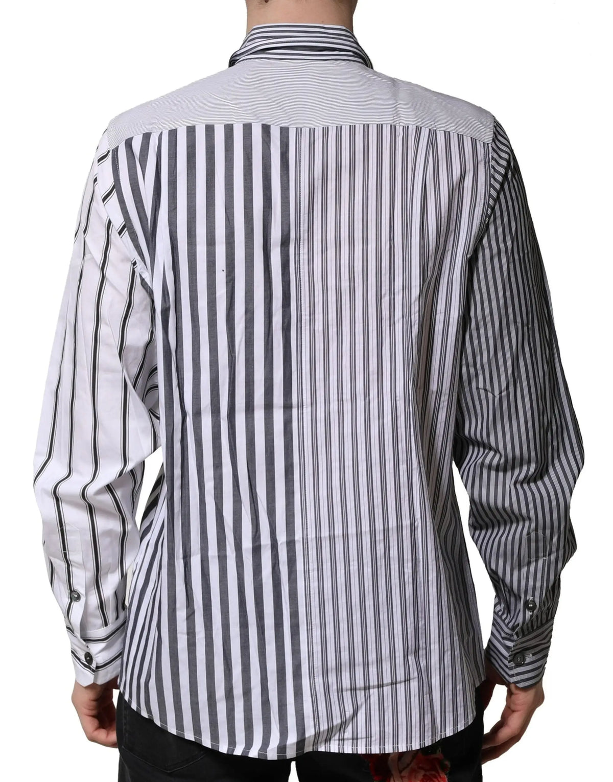 Chemise homme manches longues dolce gabbana coton rayures verticales blanches noires avec panneaux gris aux épaules