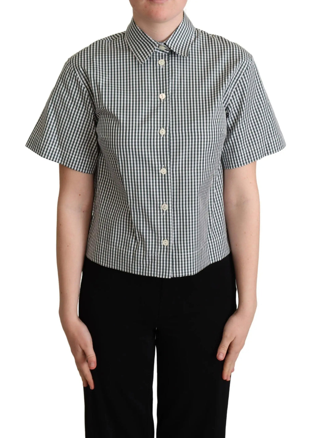 Chemise à manches courtes dolce & gabbana en coton blanc et vert à carreaux avec col classique et coutures nettes