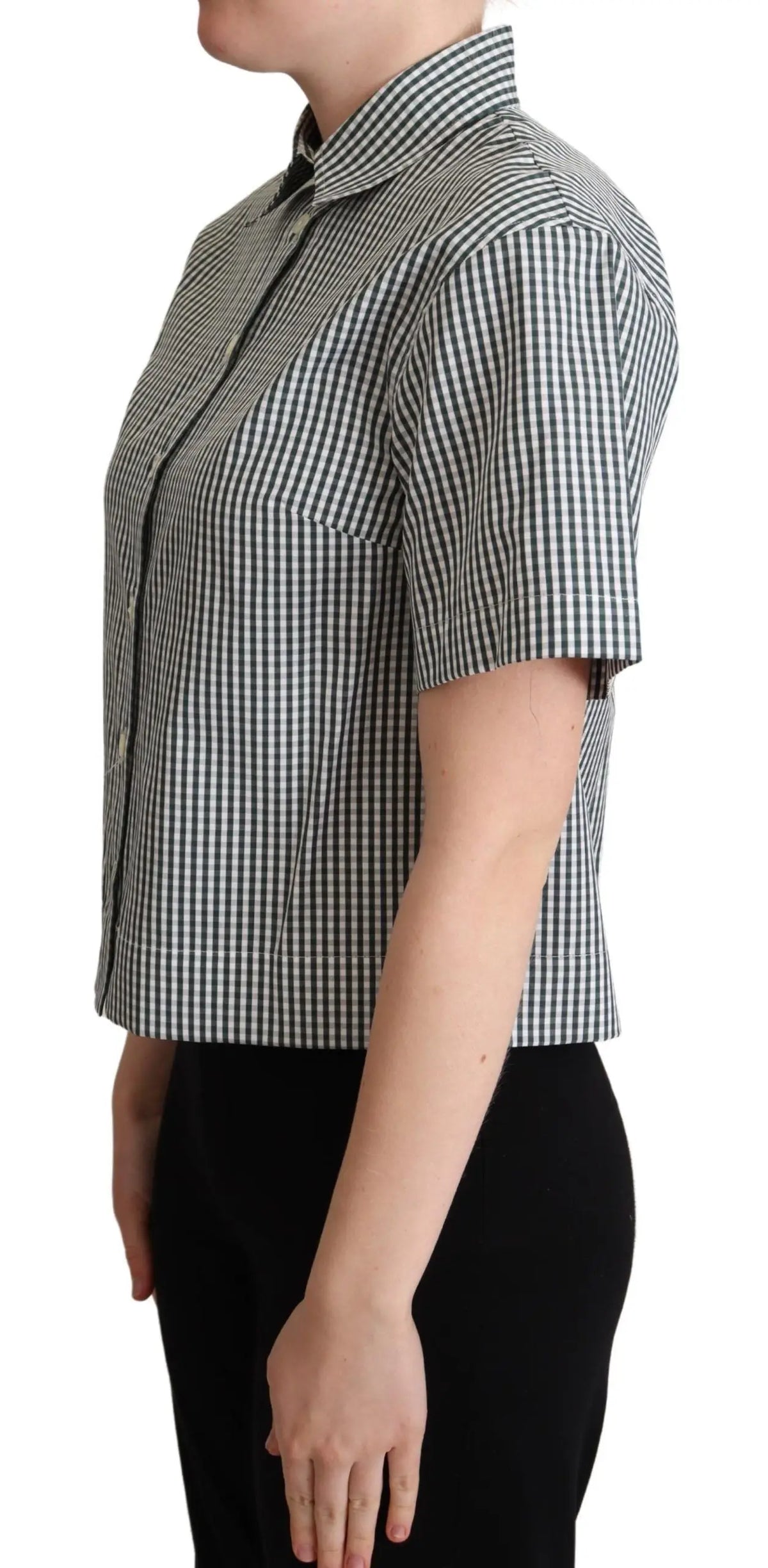 Chemise blanche et verte en coton à carreaux dolce gabbana avec manches courtes et col en vichy noir et blanc