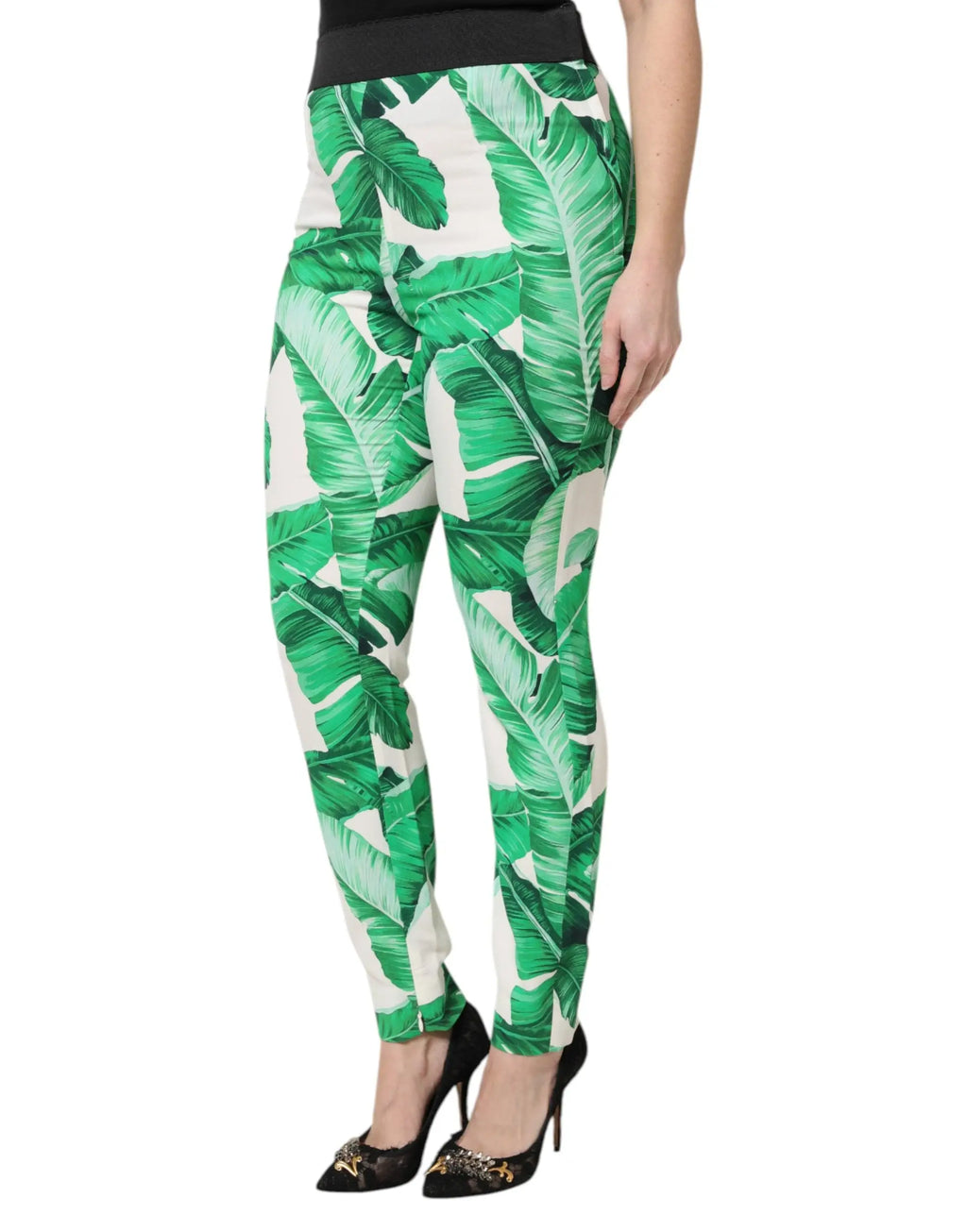 Pantalon taille haute dolce & gabbana blanc avec imprimé feuilles vertes en tissu léger et confortable