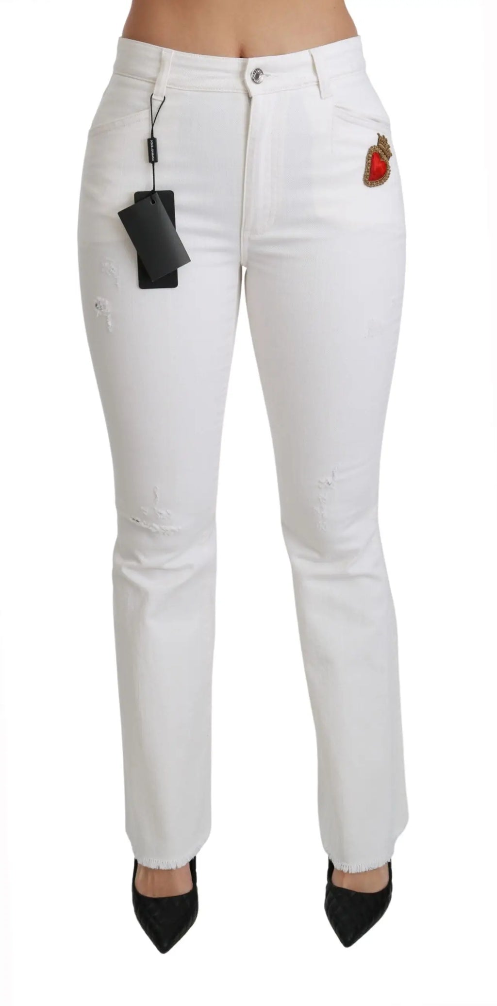 Pantalon en coton stretch blanc dolce & gabbana avec patch coeur brodé et détails déchirés sur la cuisse