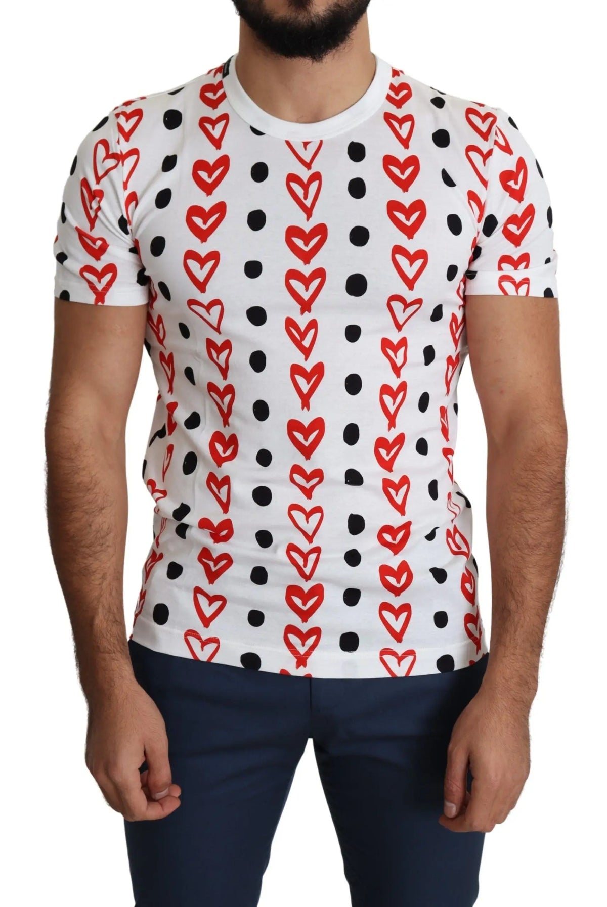 T-shirt dolce & gabbana blanc en coton manches courtes avec motif cœur rouge et pois noirs à col rond classique