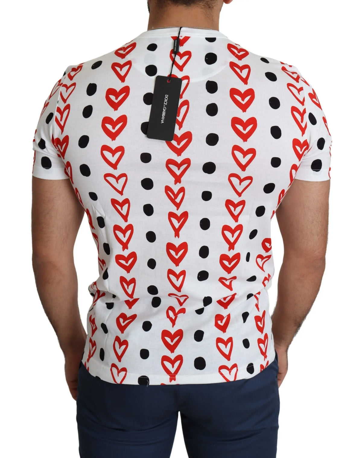 T shirt homme dolce & gabbana blanc en coton avec motif audacieux de cœurs rouges et pois noirs
