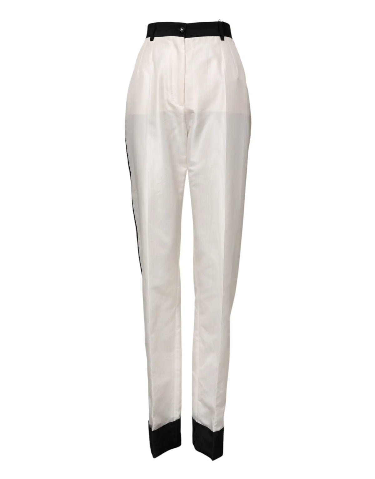 Dolce & gabbana pantalon droit habillé blanc taille haute avec ceinture noire et bord contrastant noir aux chevilles