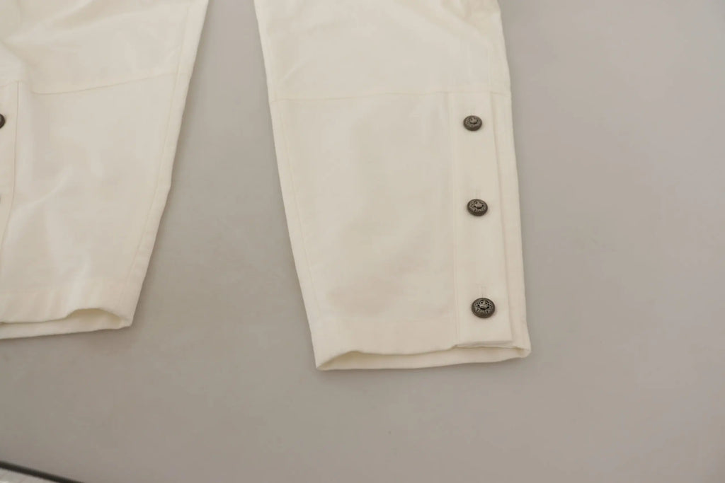 Pantalon blanc écru en coton dolce & gabbana taille haute avec boutons métalliques foncés sur les poignets