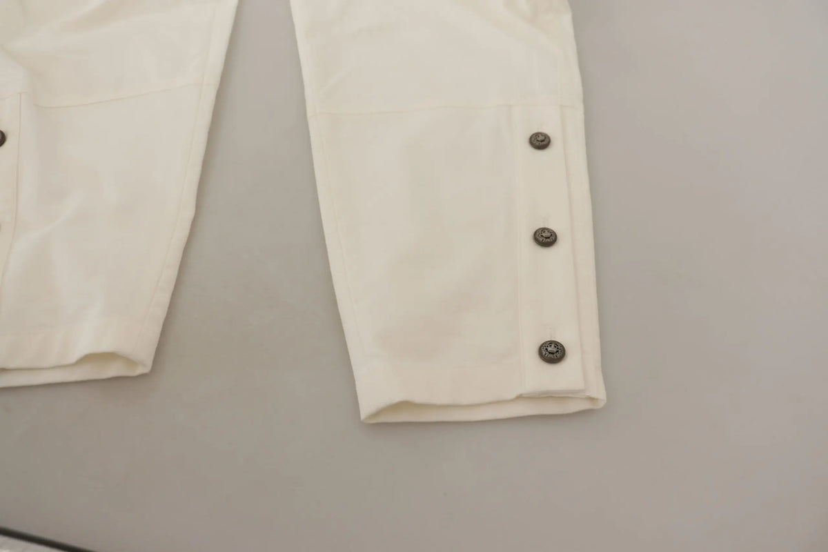 Pantalon blanc écru en coton dolce & gabbana taille haute avec boutons métalliques foncés sur les poignets