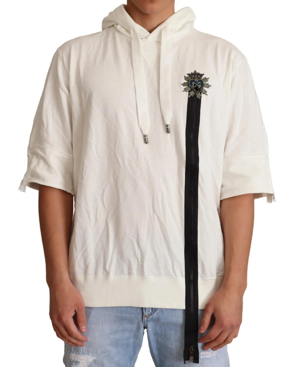 Sweat à capuche blanc dolce & gabbana avec fermeture éclair noire et ornement sombre sur la poitrine