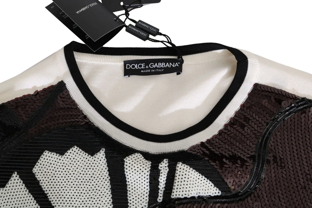 Dolce & gabbana pull sequins noir et blanc en mesh avec col côtelé style jazz et motif guitare