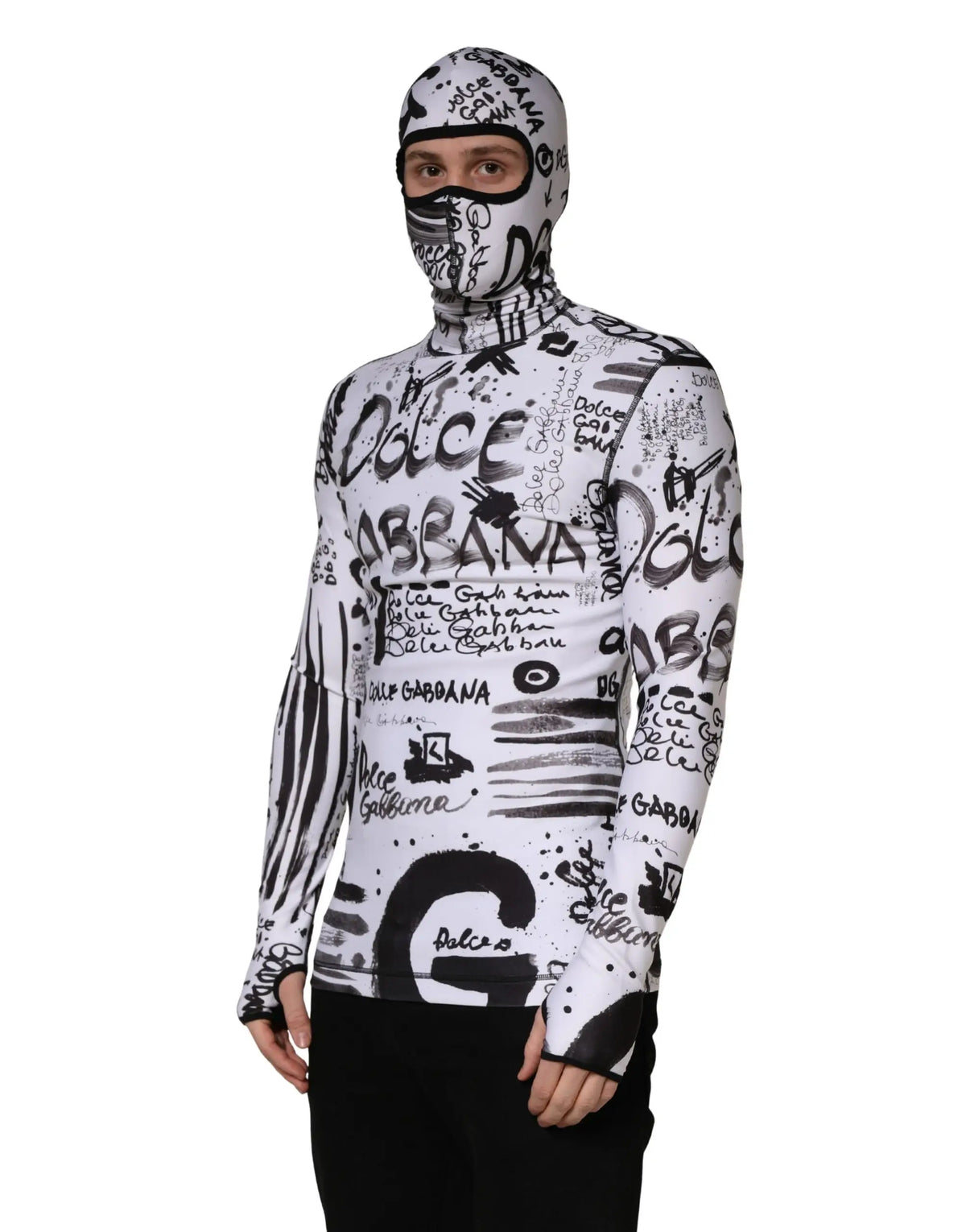 Balaclava dolce gabbana en jersey blanc et noir avec imprimé graffiti et logo dolce gabbana