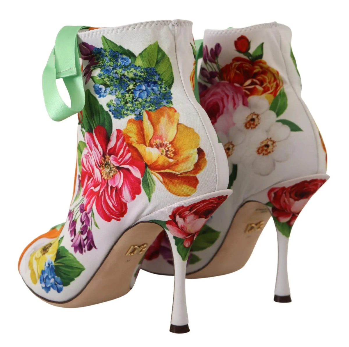 Dolce & gabbana bottines blanches en jersey stretch à imprimé floral avec lacet vert menthe et talons hauts fins ouvertes au bout