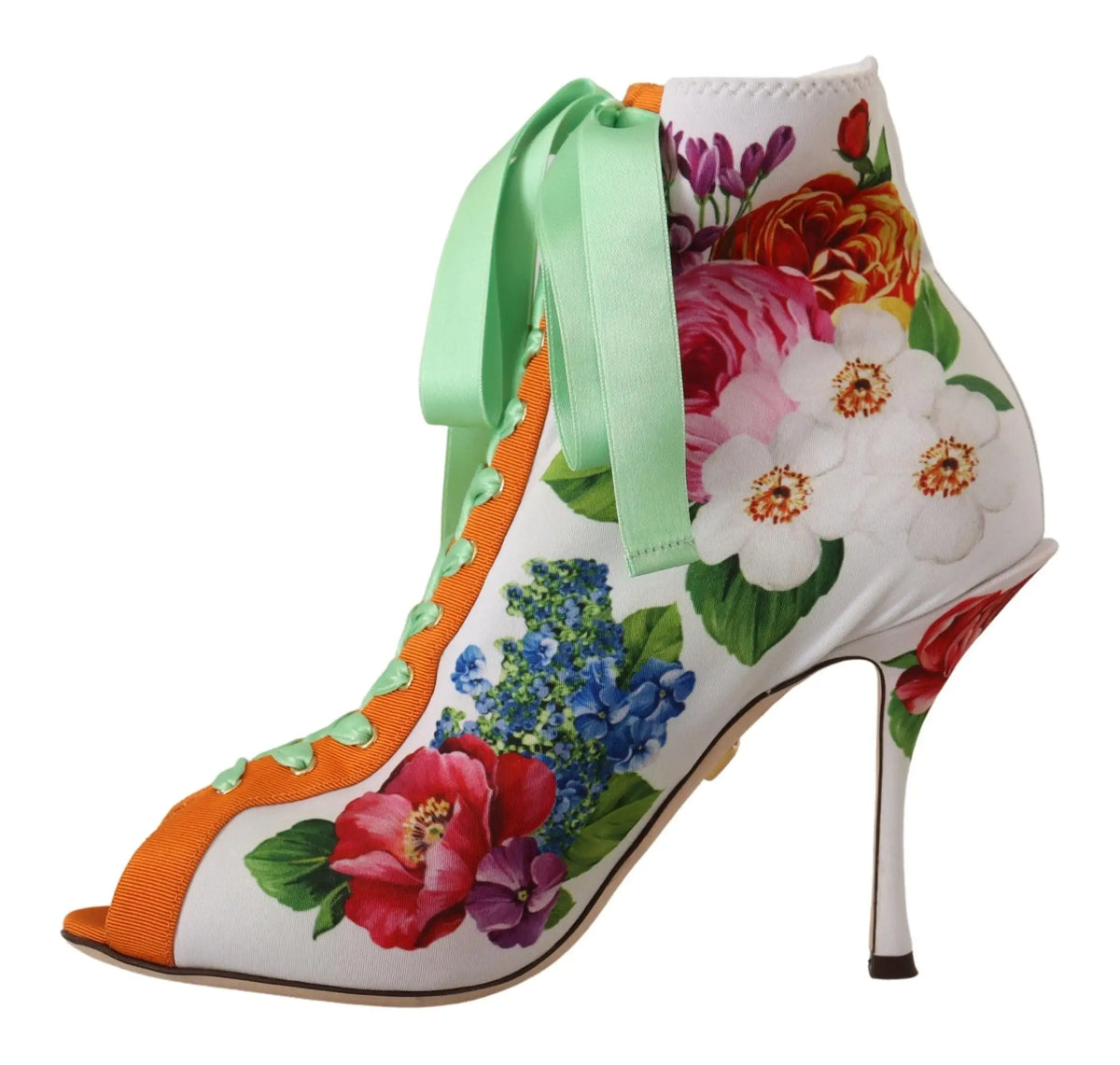 Bottes dolce & gabbana blanches en jersey stretch à talons ouverts avec imprimé floral, nœud satin vert menthe et lacets orange