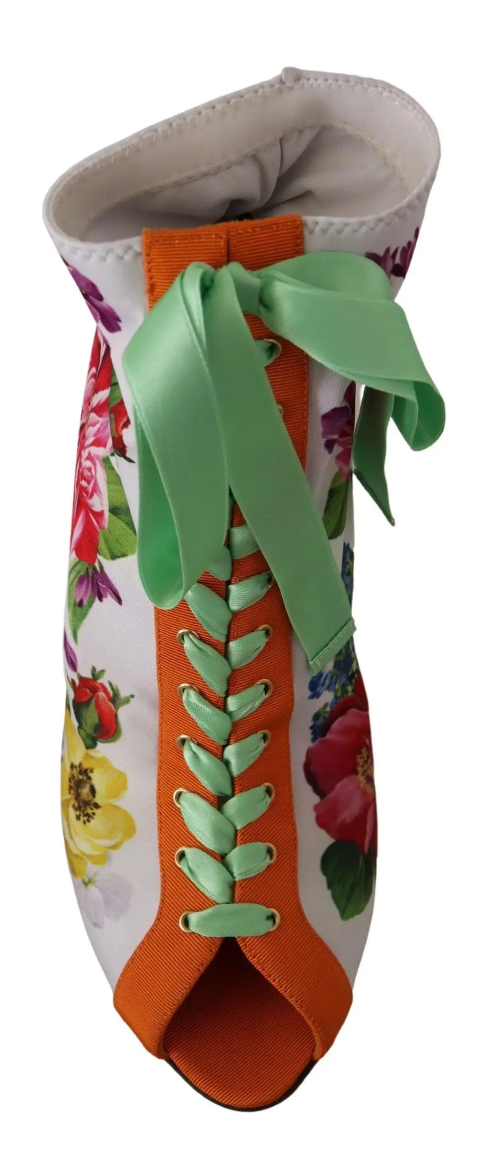 Bottes blanches en jersey stretch dolce gabbana avec motifs floraux vifs, laçage orange et noeud en satin vert menthe