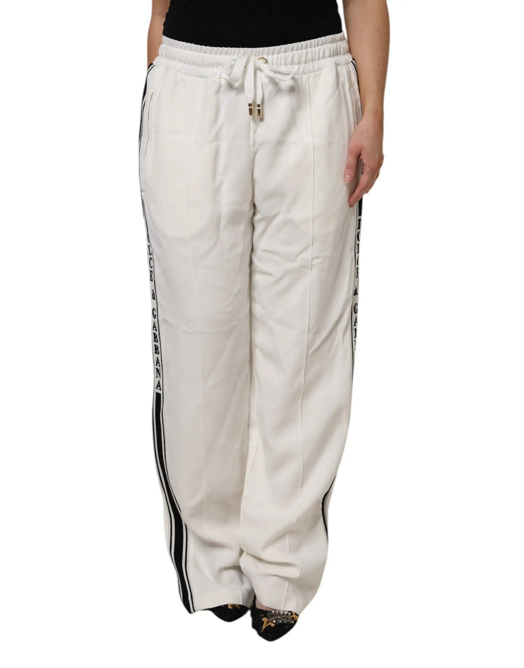 Pantalon de jogging blanc dolce & gabbana en tissu crème avec bandes noires verticales et logo imprimé