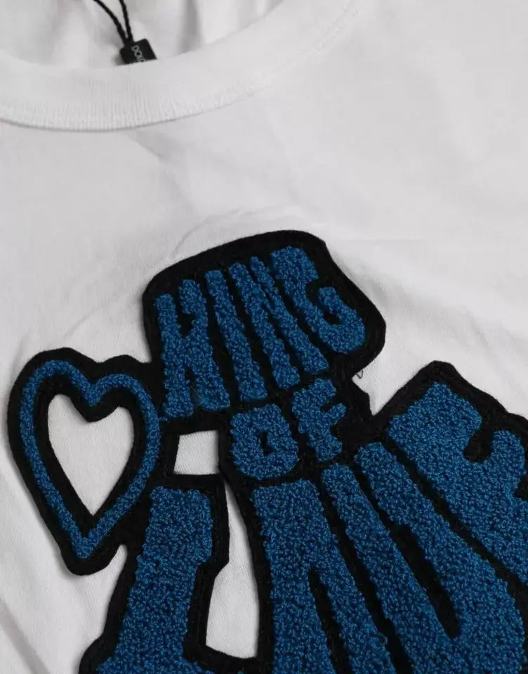 T-shirt blanc dolce & gabbana king of love à col rond manches courtes avec patch bleu brodé et cœur noir