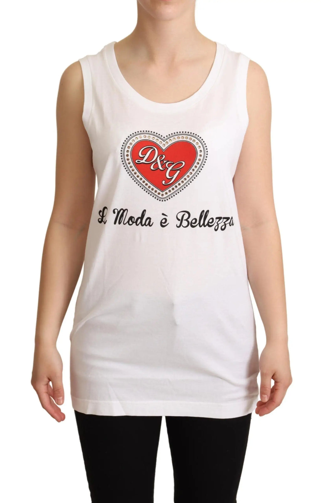 Débardeur blanc dolce & gabbana en coton avec cœur rouge bordé de perles argentées et logo avec texte noir cursif