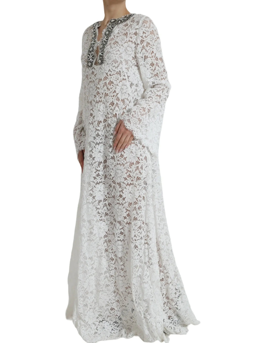 Robe longue blanche en dentelle dolce & gabbana avec motifs floraux et col orné de cristaux