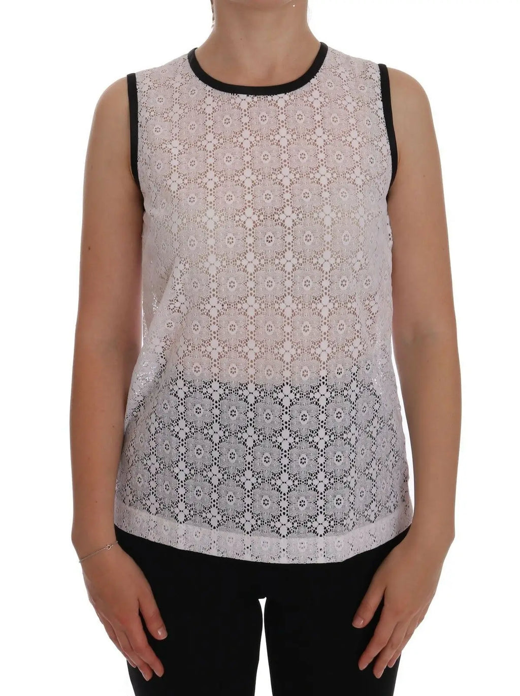 Débardeur dolce & gabbana en nylon blanc avec dentelle florale délicate et bordures noires au col et aux emmanchures