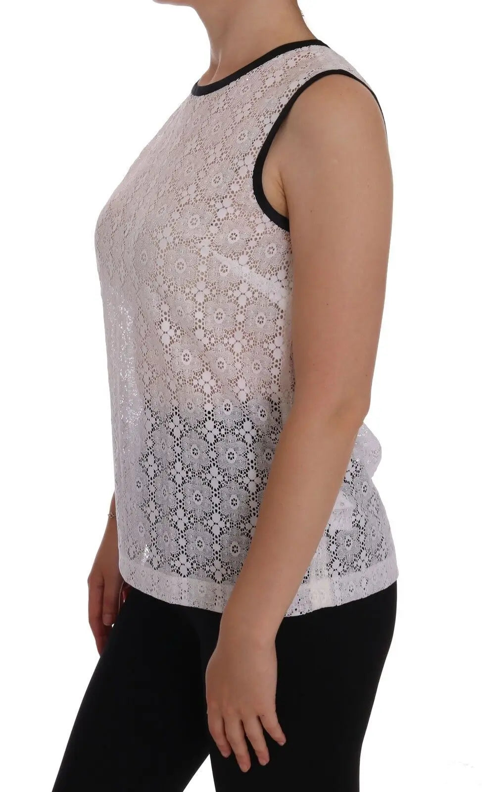 Dolce gabbana débardeur en nylon blanc à dentelle florale avec bordure noire sans manches