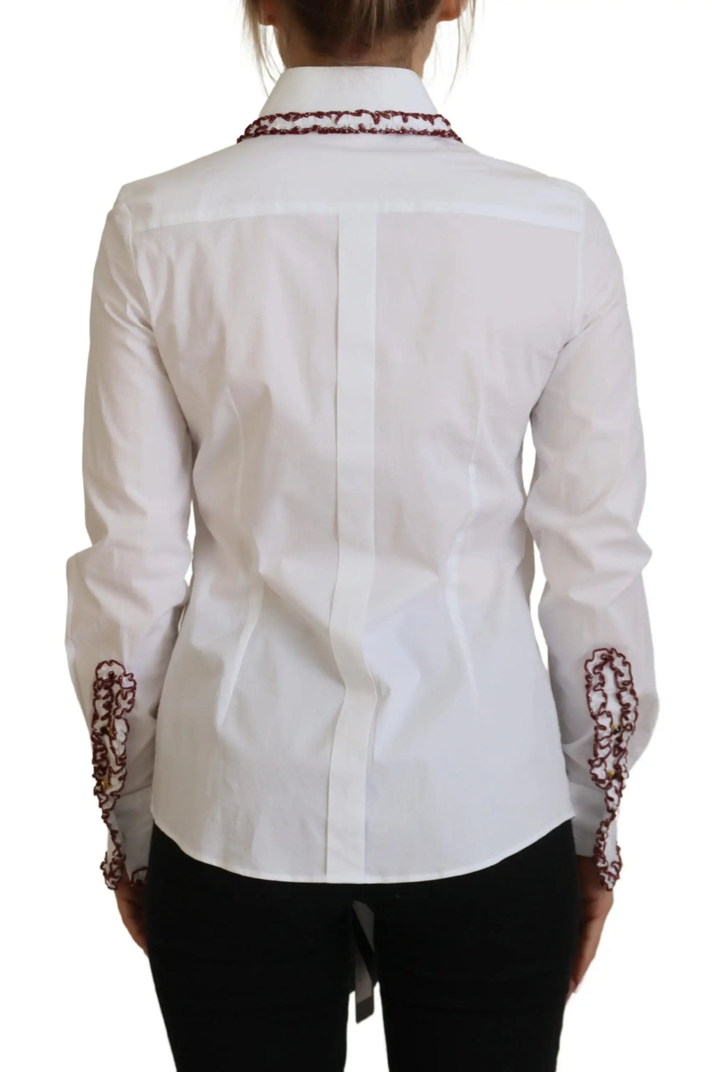 Chemise blanche à manches longues pour femme dolce gabbana avec broderie bordeaux détaillée col et poignets