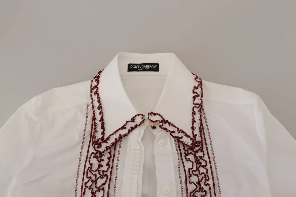 Chemise blanche dolce & gabbana à manches longues en dentelle avec col à volants et broderie bordeaux détaillée