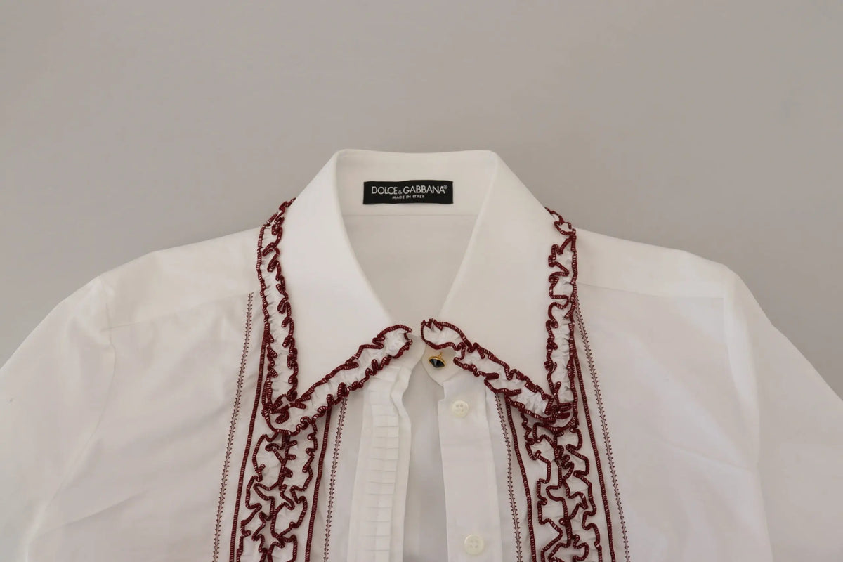 Chemise blanche dolce & gabbana à manches longues en dentelle avec col à volants et broderie bordeaux détaillée