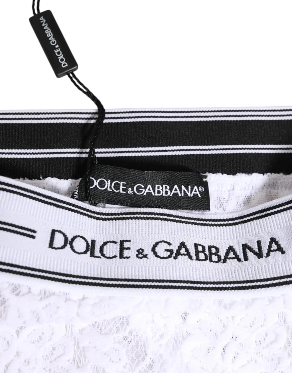 Slip blanc en dentelle dolce gabbana avec ceinture élastique rayée noir et blanc logo dolce gabbana