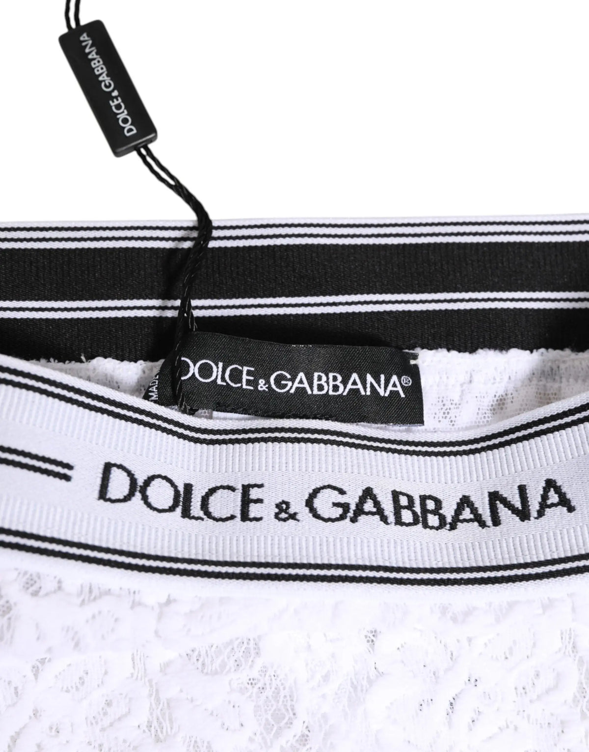 Slip blanc en dentelle dolce gabbana avec ceinture élastique rayée noir et blanc logo dolce gabbana