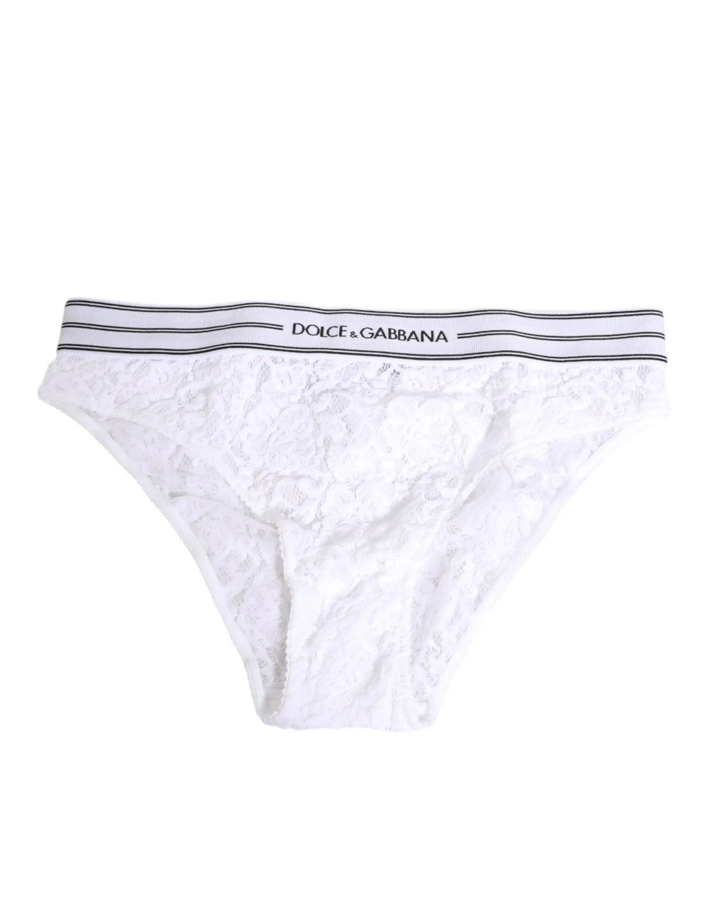 Slip blanc en dentelle dolce et gabbana avec bande élastique rayée logo à la taille vue de dos