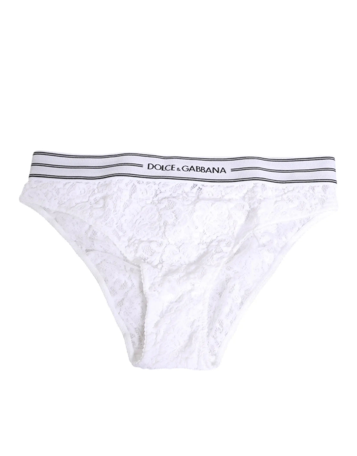 Slip blanc en dentelle dolce et gabbana avec bande élastique rayée logo à la taille vue de dos
