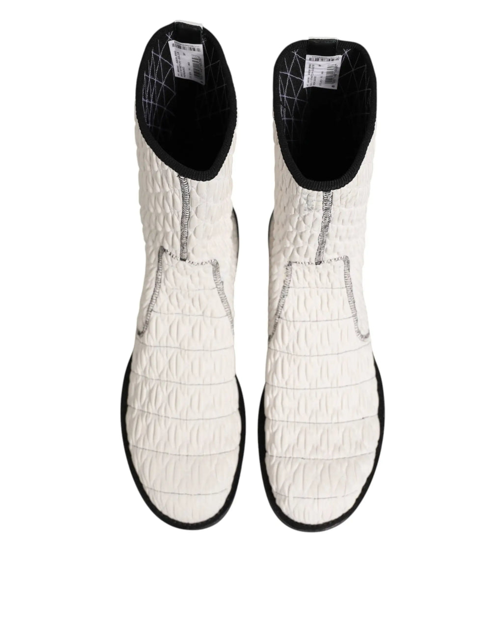 Bottes mi-mollet dolce & gabbana en cuir dagneau blanc matelassé avec bordure noire et logo nike argent subtil
