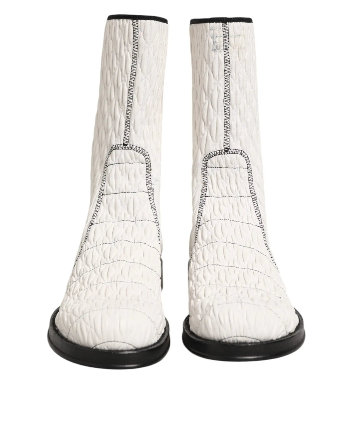 Dolce & gabbana bottes mi-mollet en cuir dagneau blanc avec coutures contrastées et semelles noires matelassées