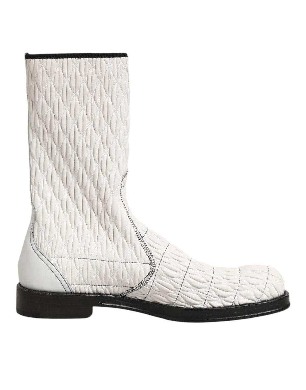 Dolce & gabbana bottes mi-mollet blanches en cuir dagneau matelassé avec semelle et bordure noires