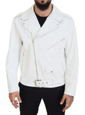 Dolce & gabbana white leather biker coat with silver zippers and snap buttons in leather material