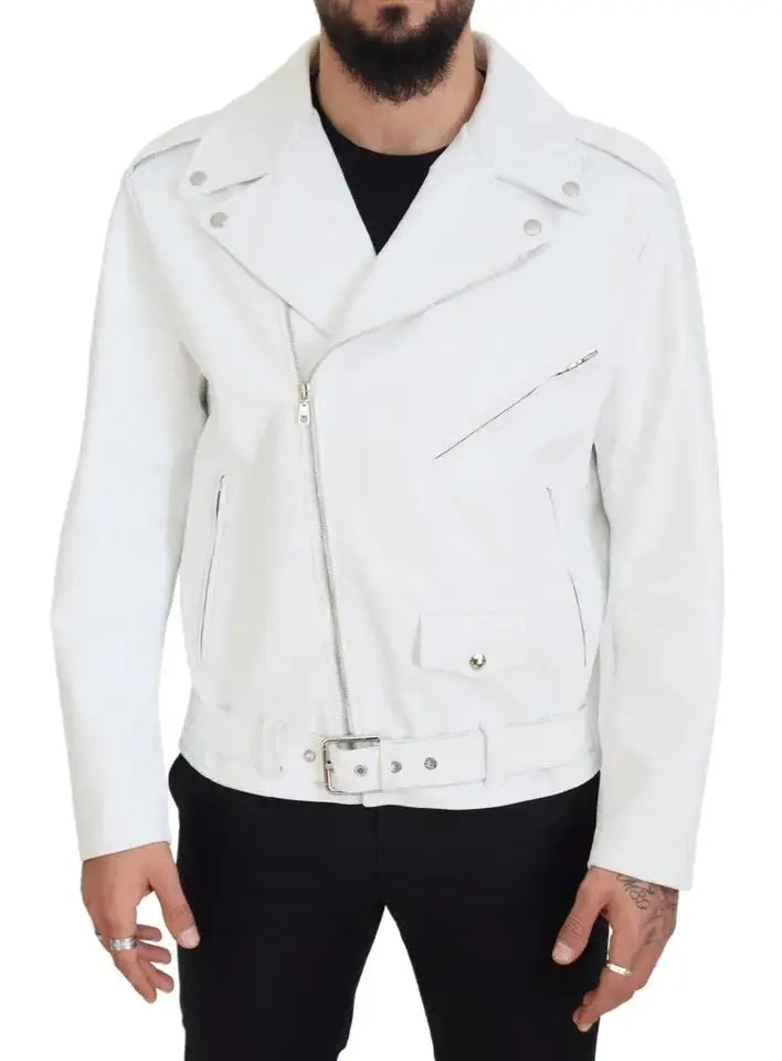 Dolce & gabbana white leather biker coat with silver zippers and snap buttons in leather material