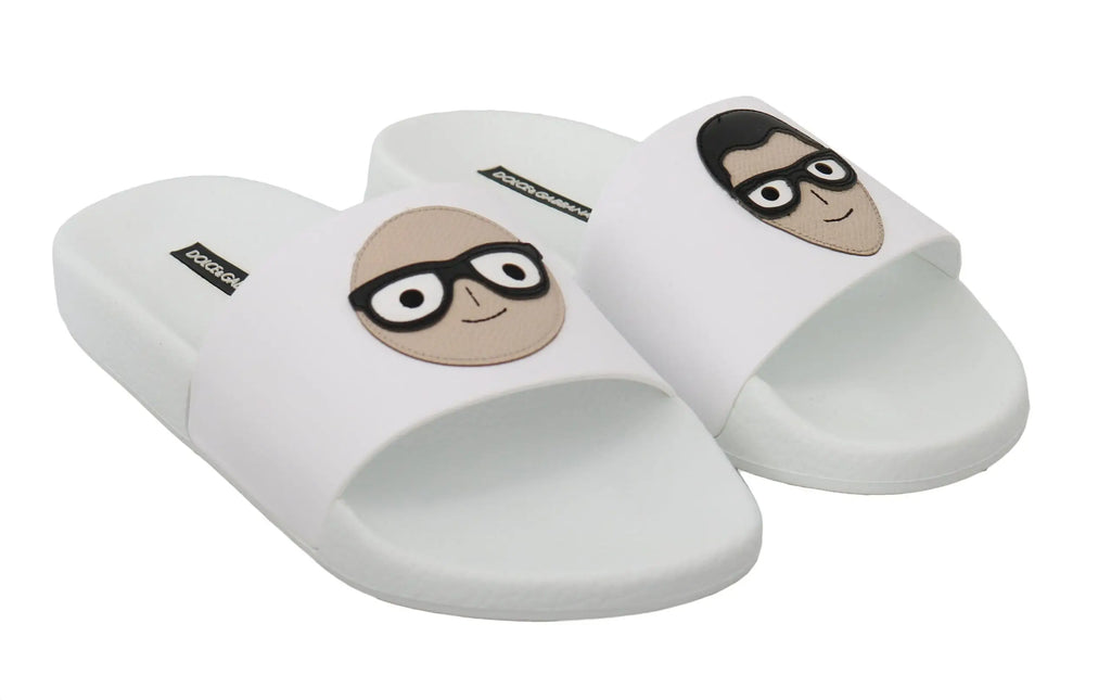 Dolce & gabbana white leather slides with cartoon faces wearing black-rimmed glasses and beige skin tones