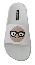 Dolce and gabbana white leather slide sandal with beige patch featuring black-rimmed glasses and smiling face