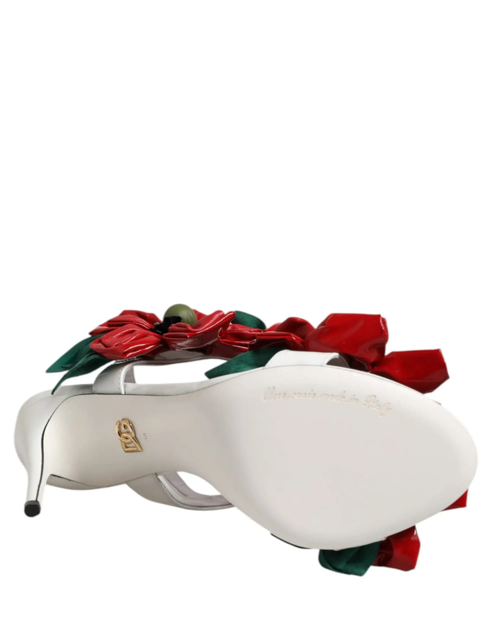 Dolce & gabbana sandales blanches en cuir à talon avec embellissements floraux satinés rouges et verts
