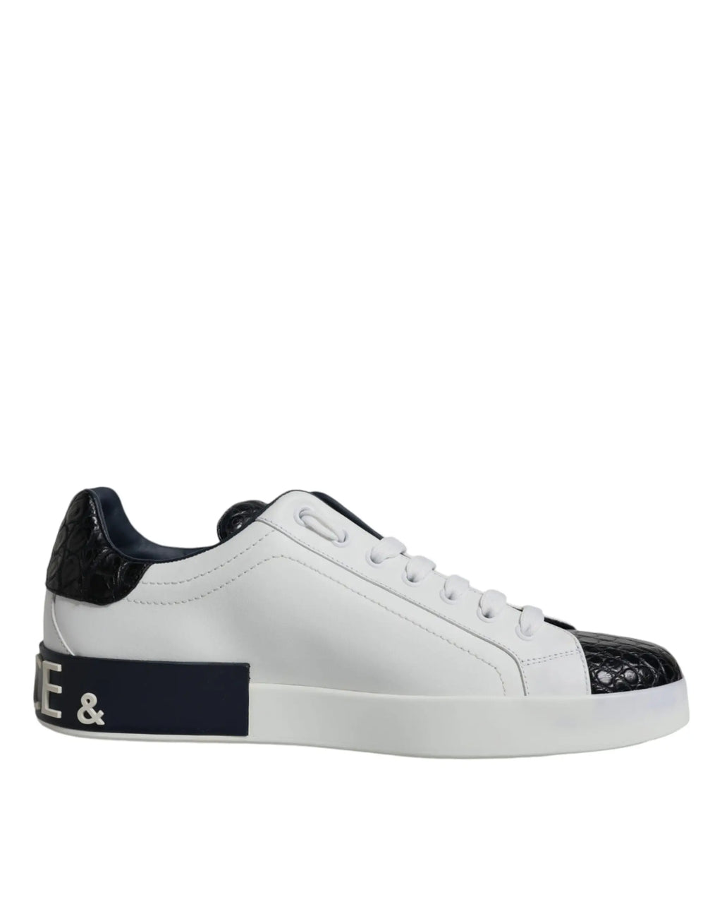 Baskets basses dolce & gabbana en cuir blanc avec embout et talon embossés crocodile noir et semelle bleu marine