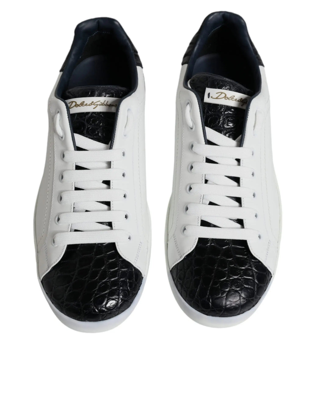 Baskets dolce & gabbana portofino en cuir blanc et noir avec embossage crocodile au design moderne et épuré