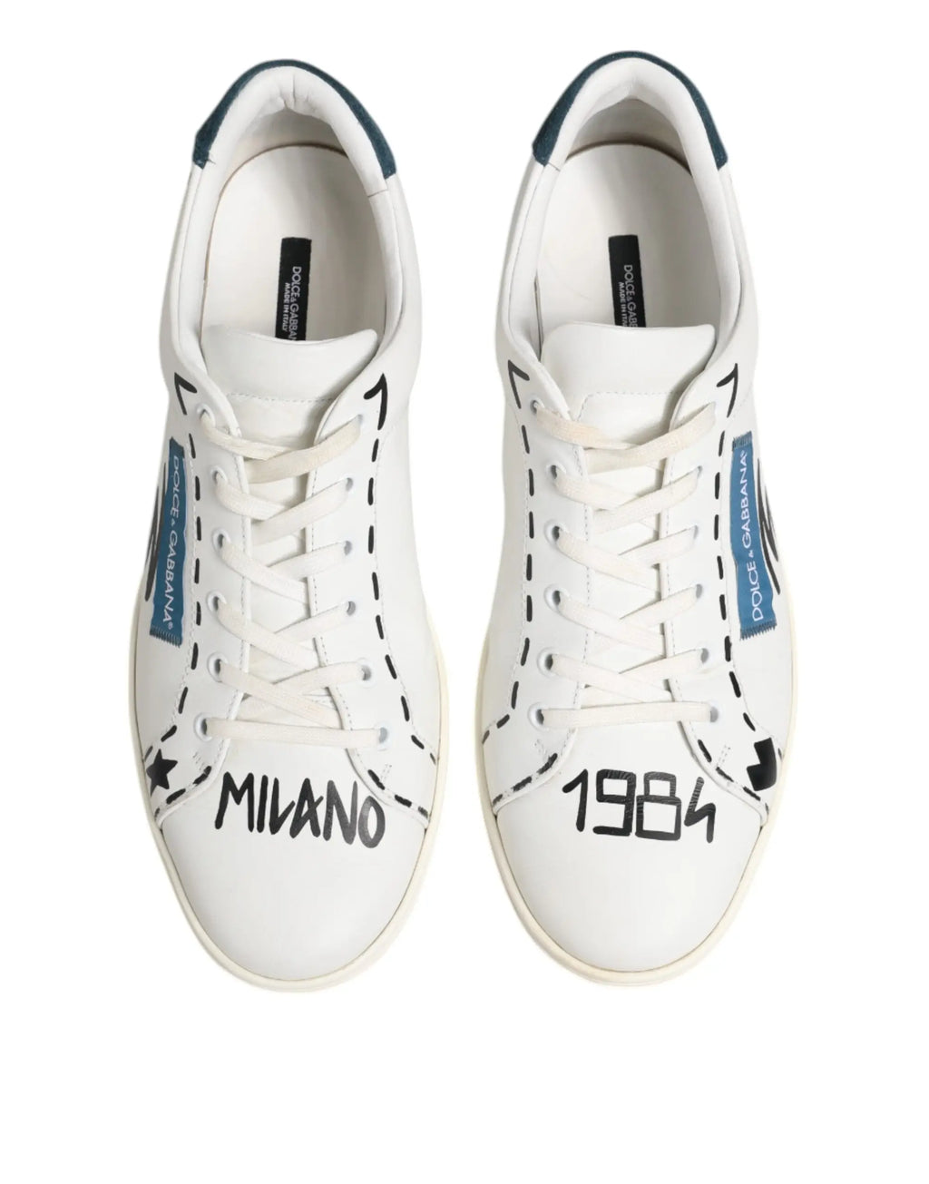 Baskets basses dolce & gabbana en cuir blanc avec texte milano et 1984 peint à la main et patchs bleus