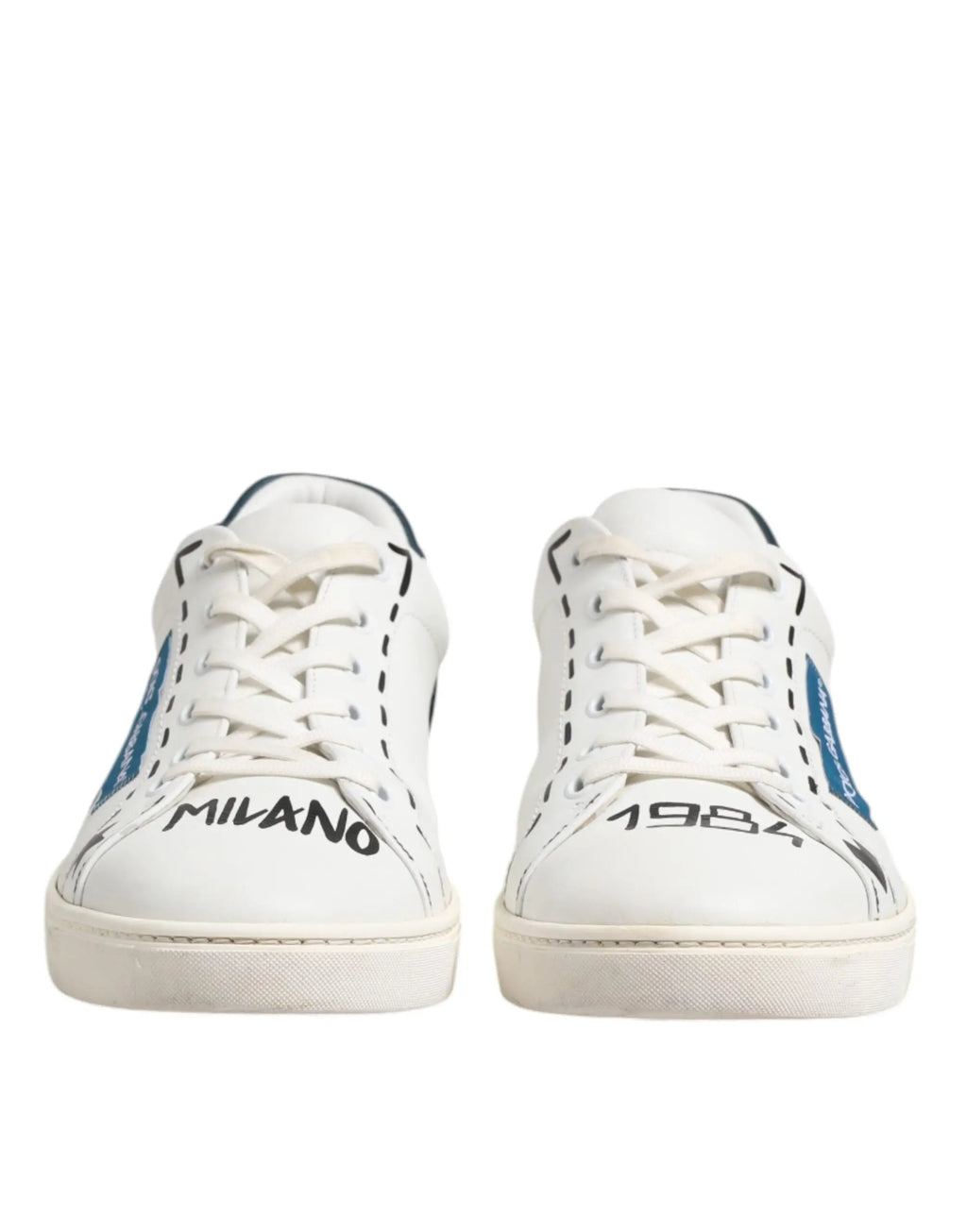 Baskets basses dolce & gabbana en cuir blanc avec accents graphiques noirs et bleus milano et 1984 sur les bouts