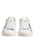 Baskets basses dolce & gabbana en cuir blanc avec accents graphiques noirs et bleus milano et 1984 sur les bouts