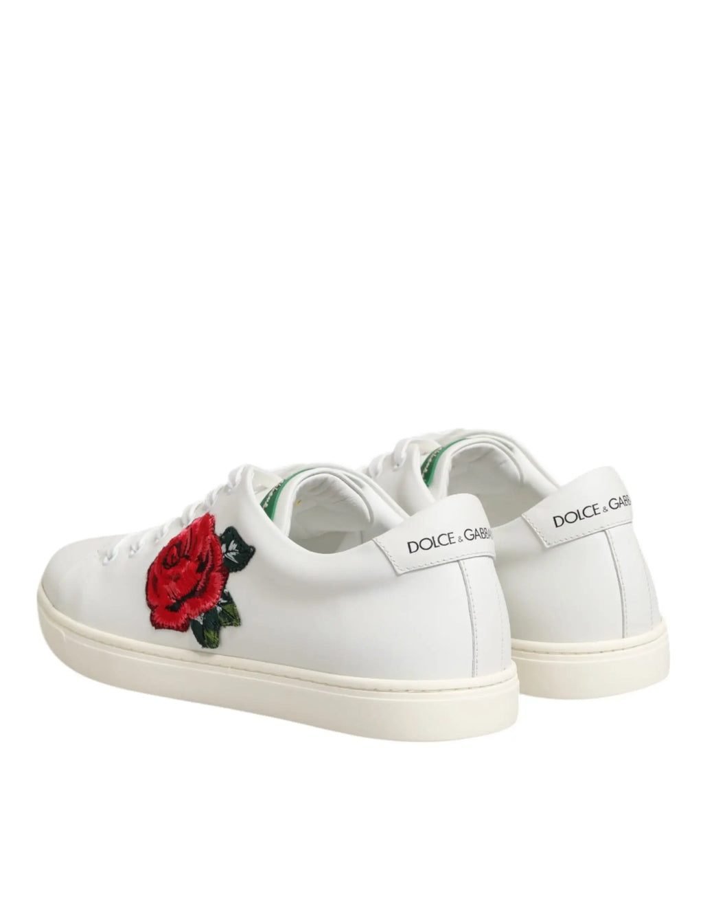 Dolce & gabbana baskets basses blanches en cuir avec broderie rose rouge vive sur le côté