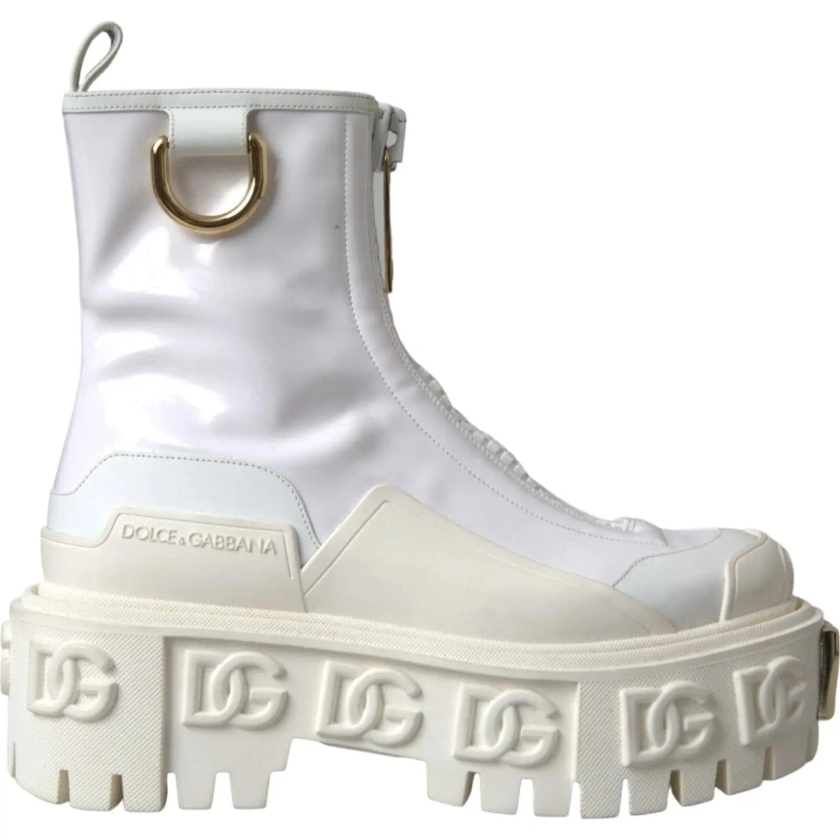 Bottines dolce gabbana blanches en cuir blanc avec plateforme, cuir verni brillant, anneau metal dore et logo dg embosse