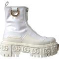 Bottines blanches dolce & gabbana en cuir verni à plateforme avec détail anneau métal doré et logo dg embossé
