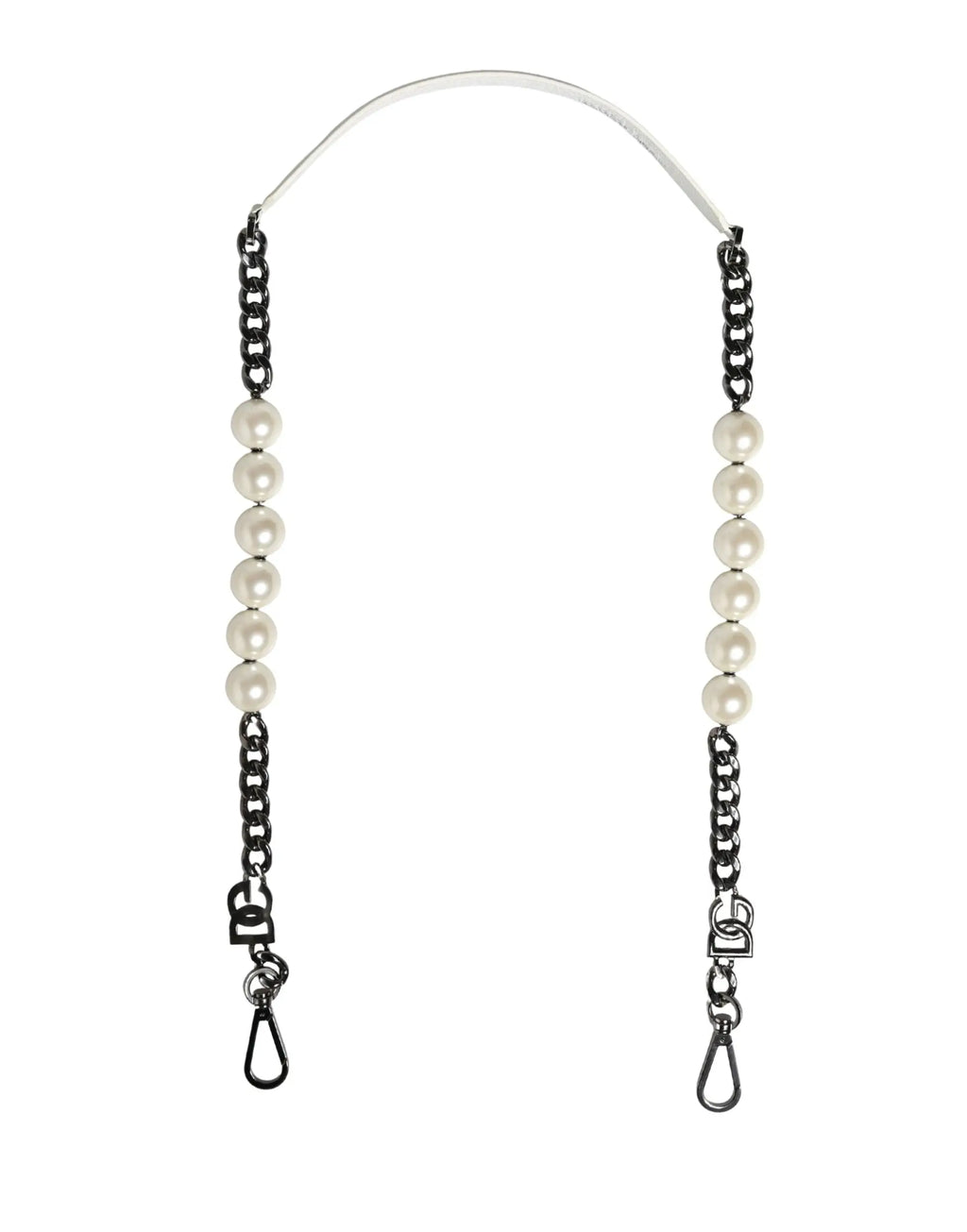 Black chain strap with cream pearls and silver-tone d-logo hardware for dolce & gabbana white leather shoulder bag