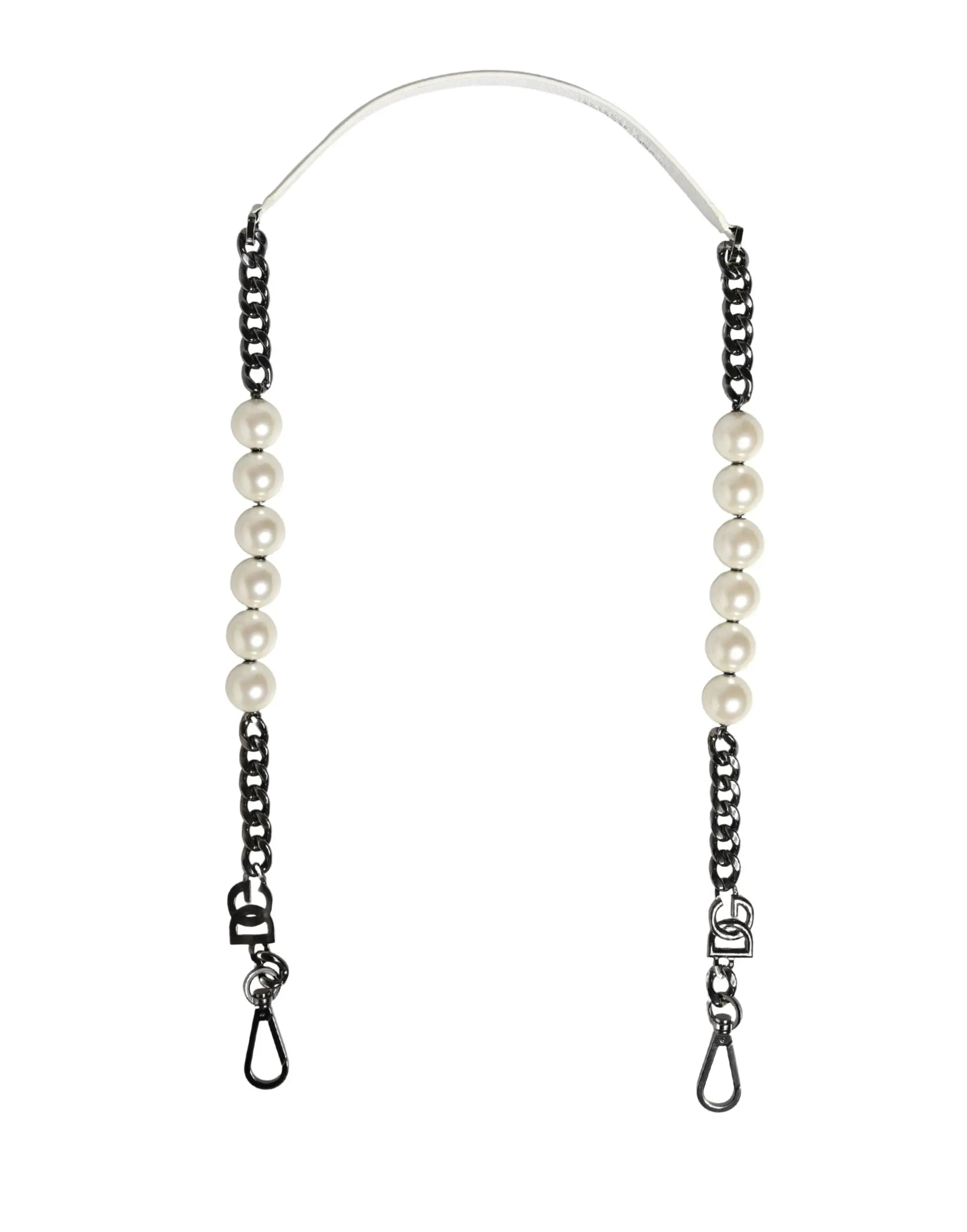 Black chain strap with cream pearls and silver-tone d-logo hardware for dolce & gabbana white leather shoulder bag