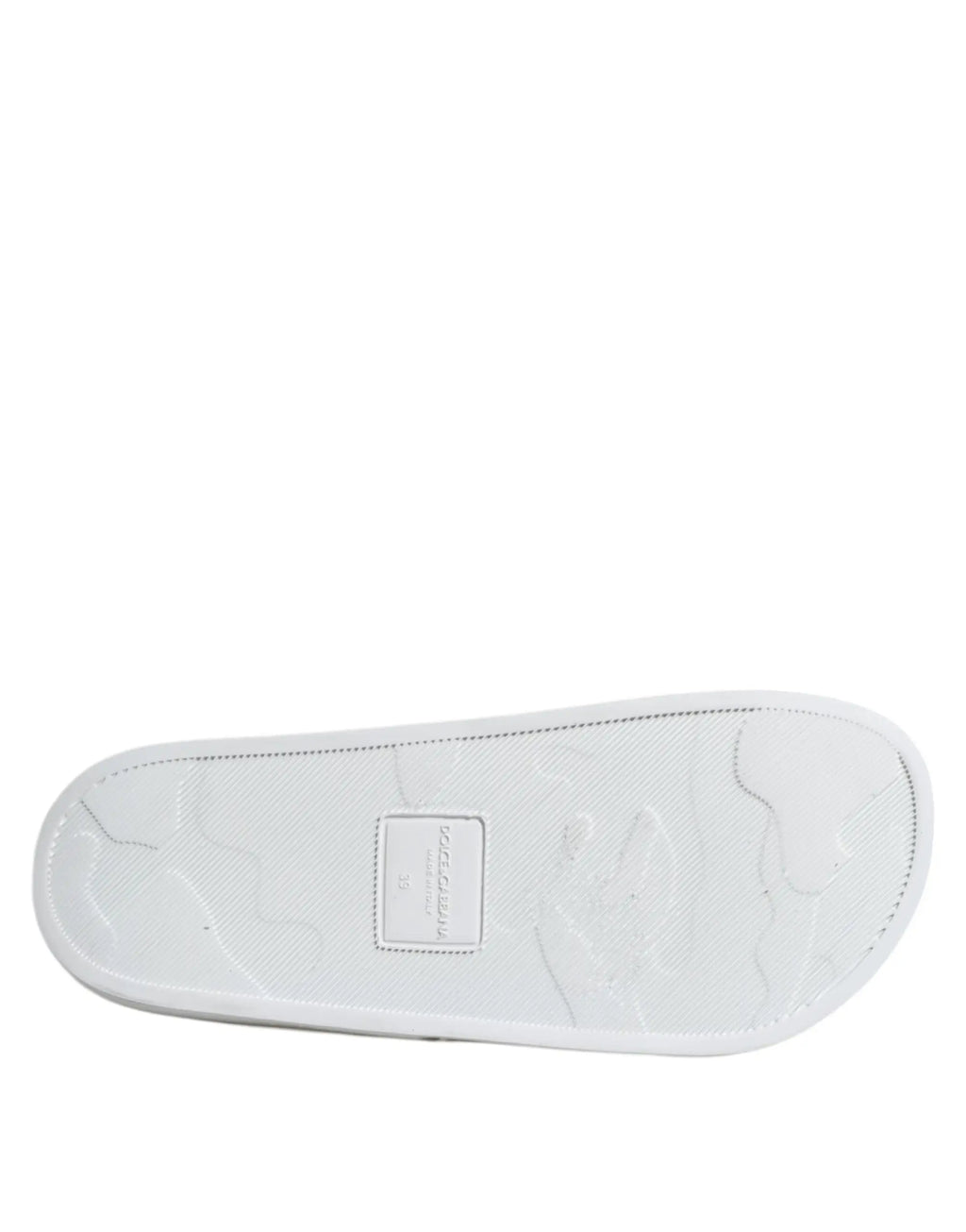 Sandales slides dolce & gabbana en cuir blanc avec motif embossé pour plage et label rectangulaire sur la semelle