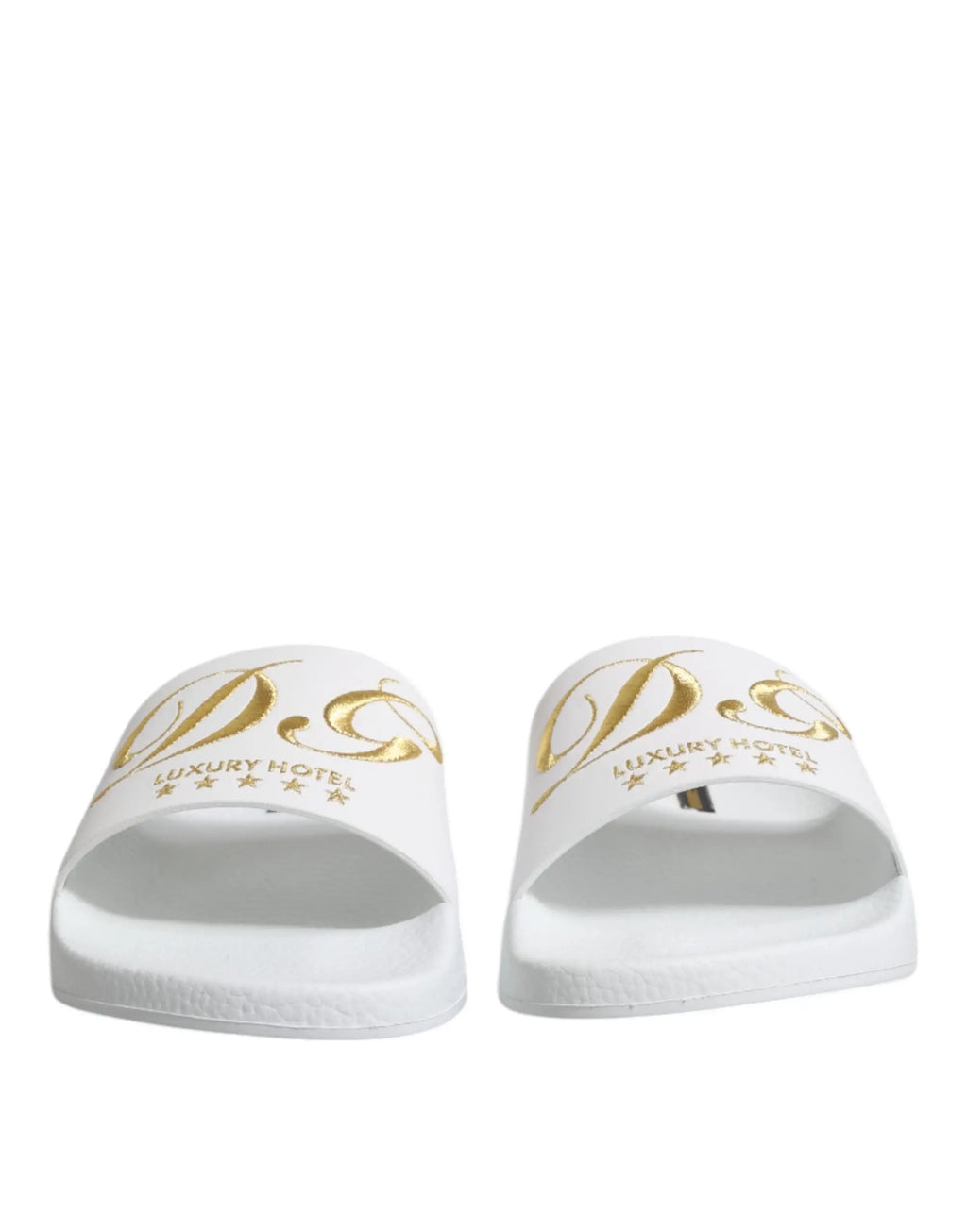 Sandales slides dolce & gabbana blanches en cuir avec lettrage doré et motifs étoiles luxury hotel pour la plage