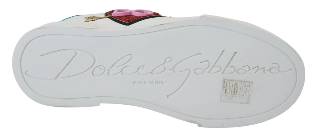 Semelle arrière blanche de sneaker dolce gabbana en cuir avec embellissement cœur rose et rouge portofino logo